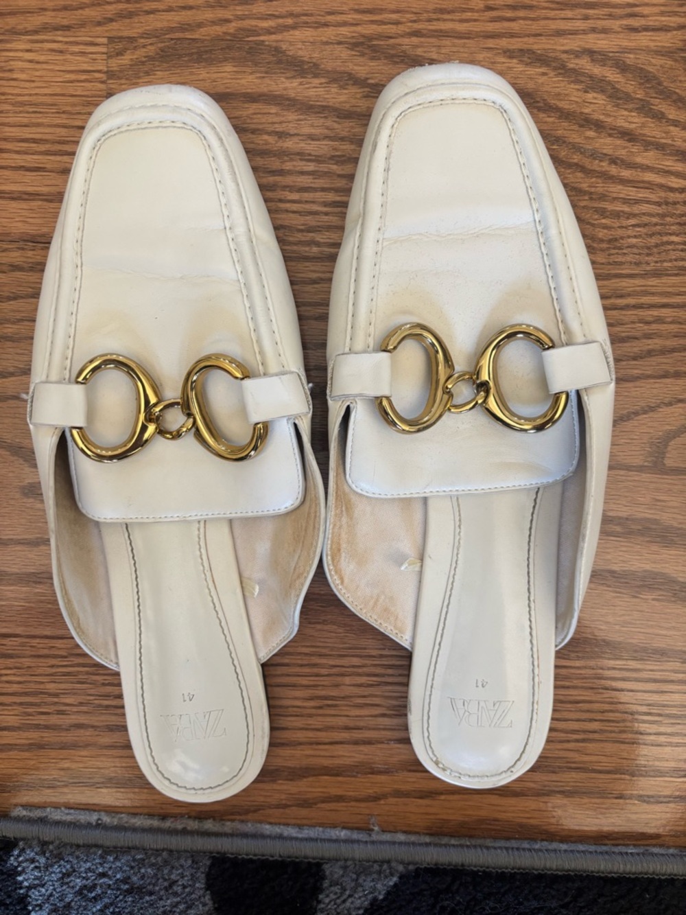 Zara Cream Leather Backless Loafers with Gold Rings